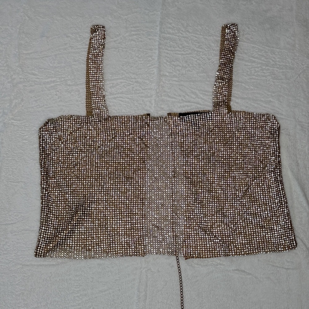 Lulus Y2K Rhinestone Gold Mesh Chainmail Crop Top Backless Club Festival Fairy S